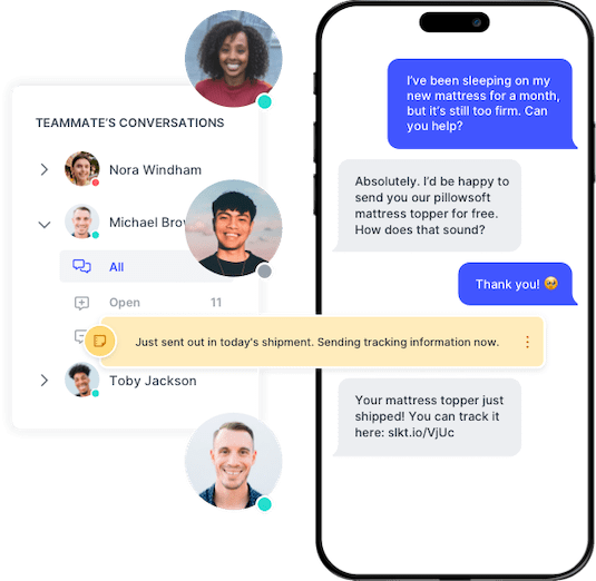 A customer support team uses a business texting app to connect with customers