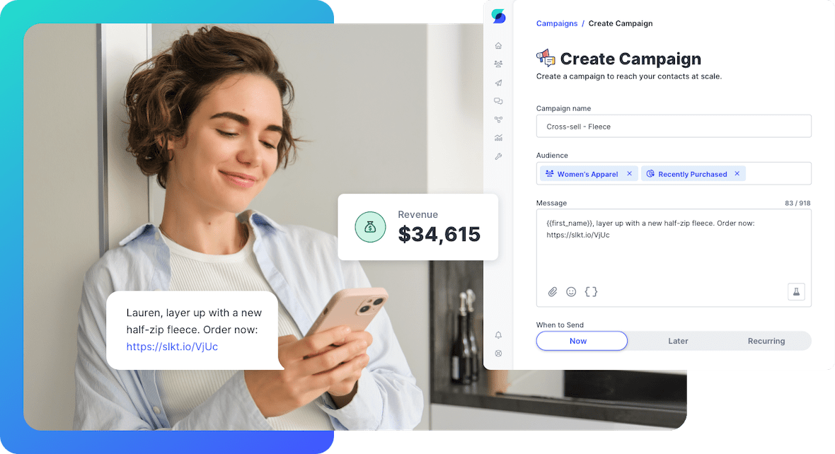 Woman receives a business sms from an ecommerce brand