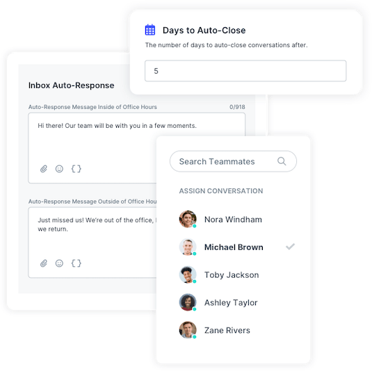 SlickText UI showing auto-responses for out of office replies and rules for closing conversations