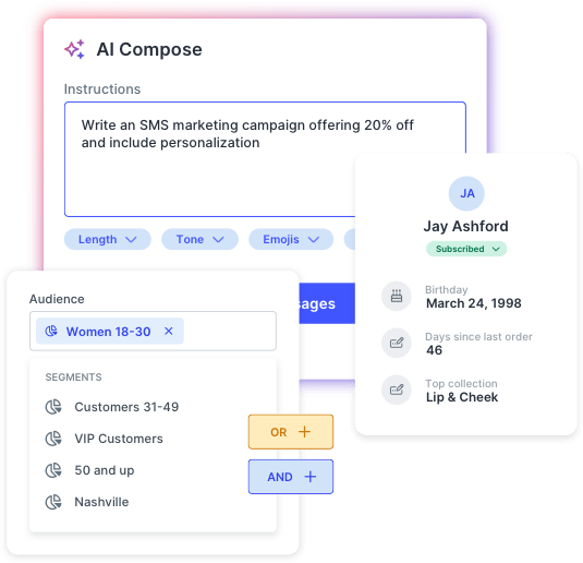 SlickText UI showing a campaign message, customer profile, and five segments of an audience