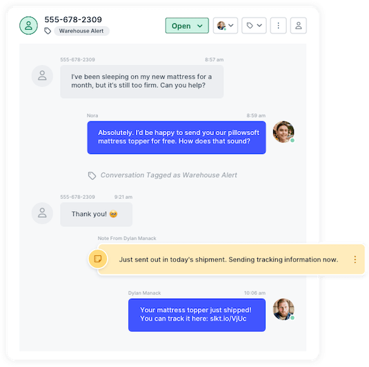 Customer support conversation in the SlickText Inbox