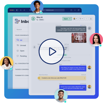 SlickText Inbox UI showing incoming messages, conversation statuses, and a customer support conversation