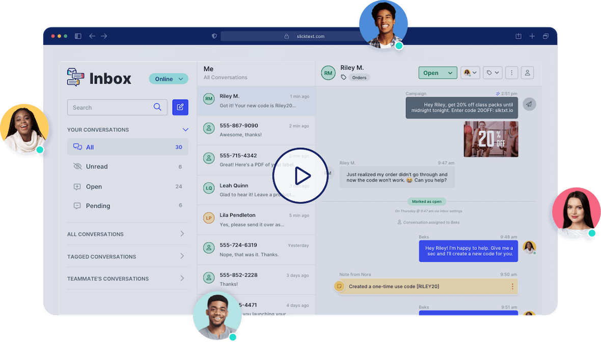 SlickText Inbox UI showing incoming messages, conversation statuses, and a customer support conversation