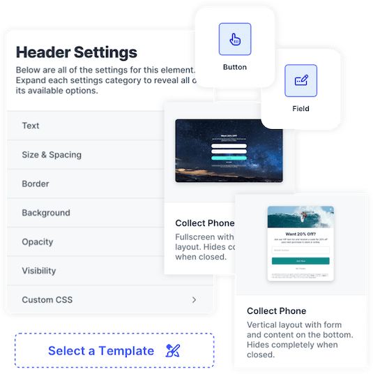 SlickText popup builder settings and examples of popups on mobile and desktop