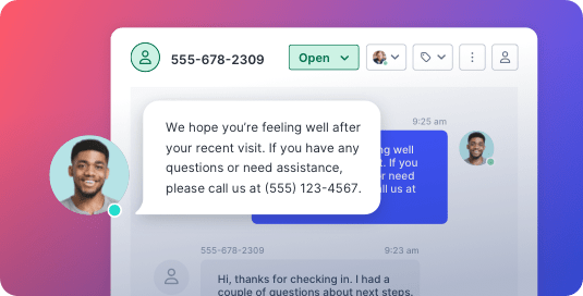 SlickText UI showing a HIPAA compliant texting conversation between a medical professional and patient