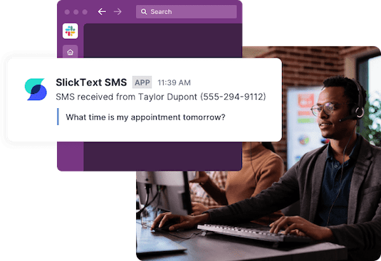 A support team receives a Slack alert when a customer texts in a question
