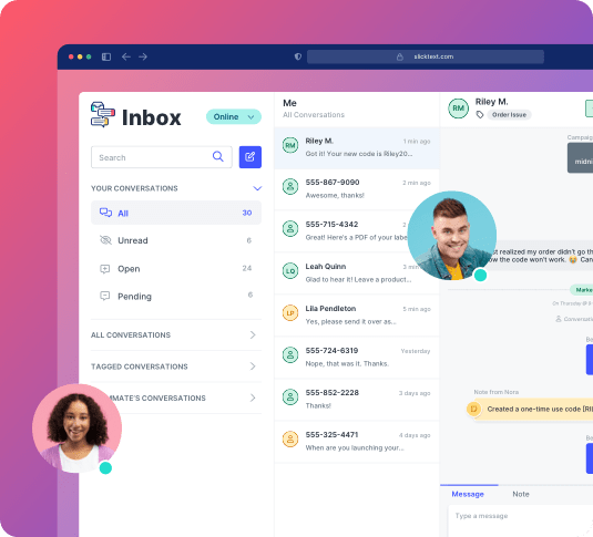 Example of a two-way texting conversation with the SlickText inbox built for Shopify customer support