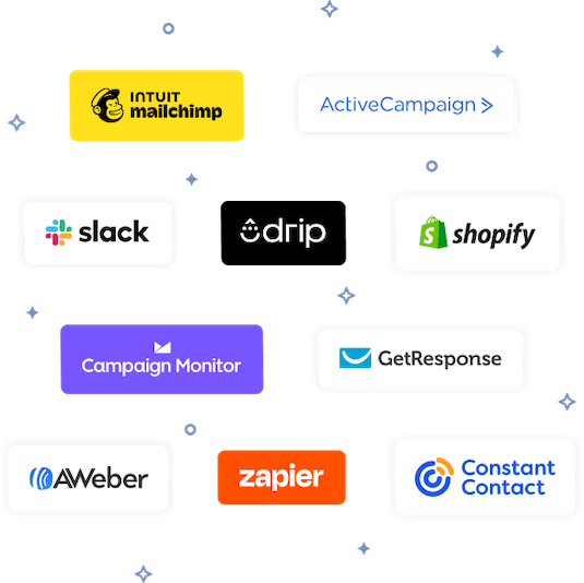 SMS marketing integration options including Shopify, Mailchimp, ActiveCampaign, Slack, Drip, Campaign Monitor, and Zapier