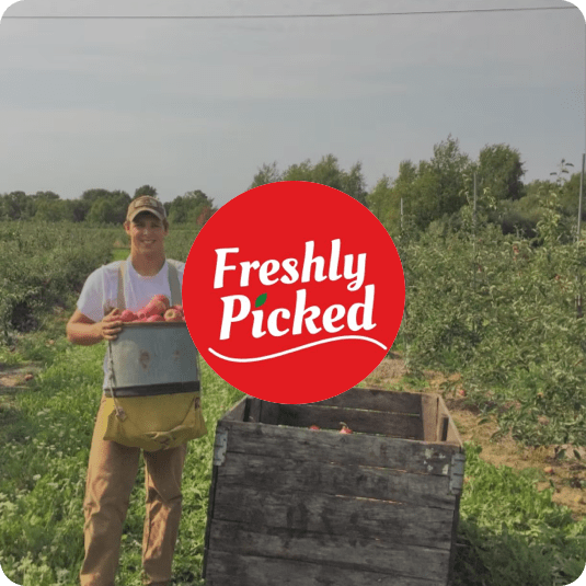 Photo of a Freshly Picked orchard worker with a basket of apples that were sold through SMS marketing