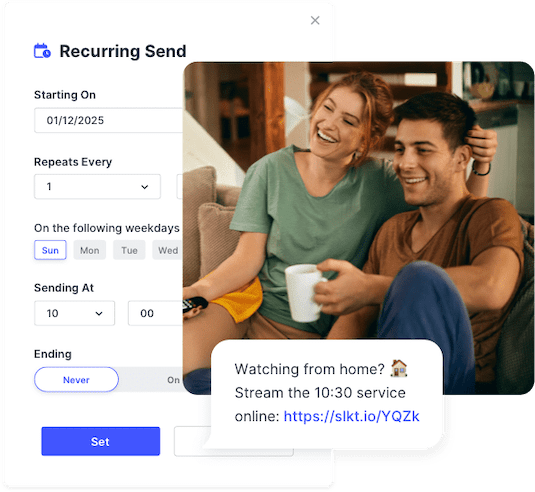 SlickText UI showing a recurring text message that invites people to stream services from home.