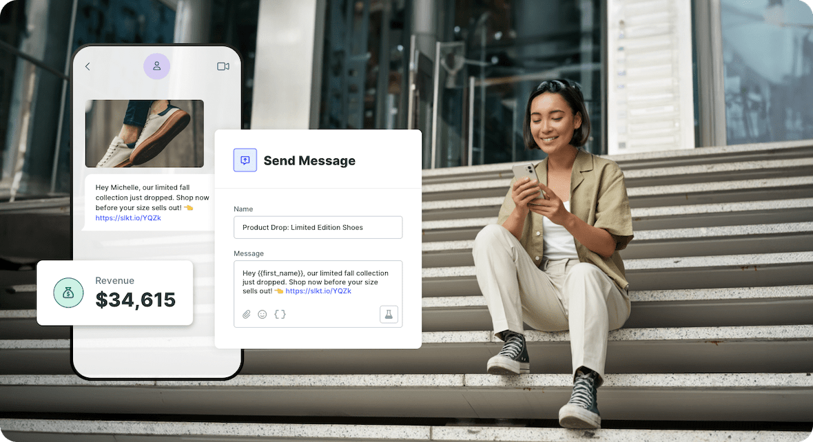 Ecommerce SMS marketing hero image showing a phone with marketing messages.