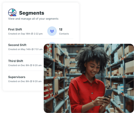 Employee communication platform showing segments for first shift, second shift, third shift, and supervisors.