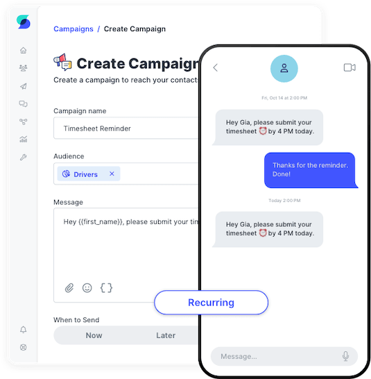 SlickText campaign builder showing recurring reminders for timesheet submissions.