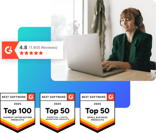 Customer support agent and awards showing SlickText is the leader in SMS marketing.