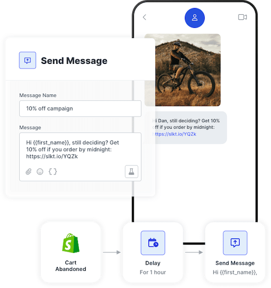 Automated marketing workflow showing an abandoned cart message offering 10% off if the customer acts fast.