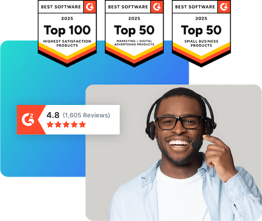 Happy customer support representative and SlickText awards for being a leader in the SMS marketing industry.