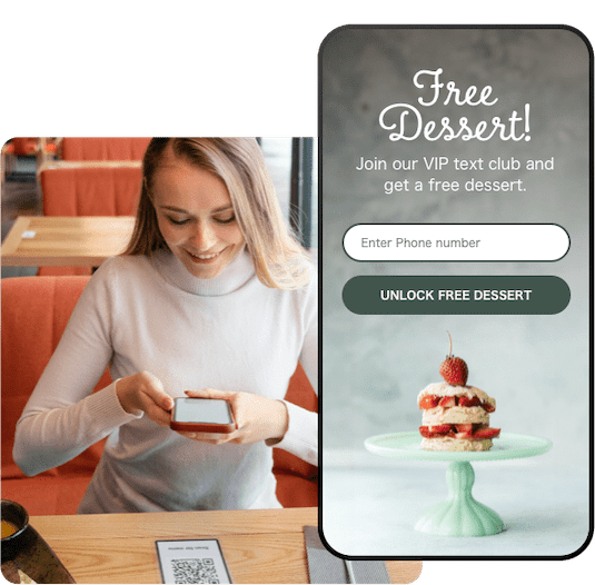 Woman scanning a QR code to sing up for an SMS list and unlock a free dessert.