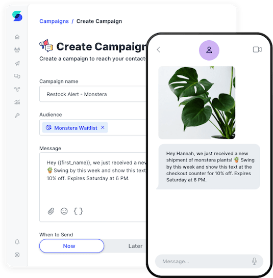 SlickText campaign builder with a restock alert and MMS message from a plant shop.