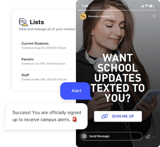 Example of a mobile popup inviting students to sign up for text alerts from their school.