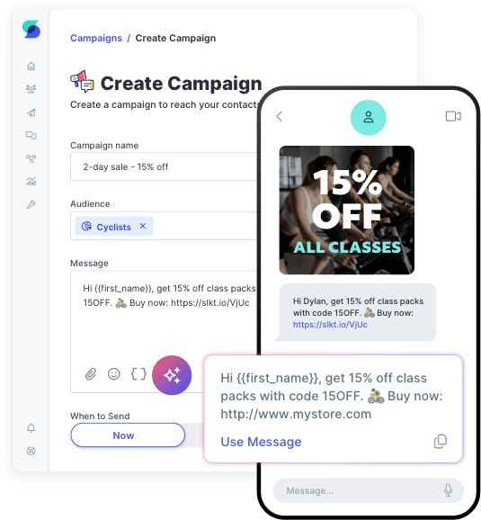SMS marketing campaign example for a fitness studio.