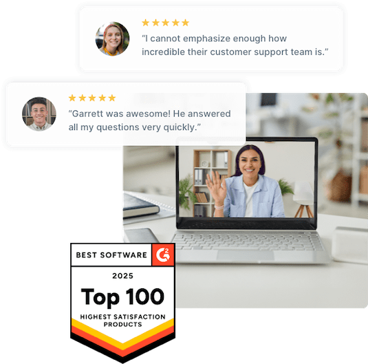 Friendly woman on video call and five-star reviews for SlickText